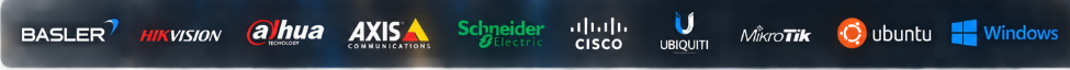 Basler, Hikvision, Dahua, Axis Communications, Schneider Electric, Cisco, Ubiquiti, MikroTik, Ubuntu and Windows